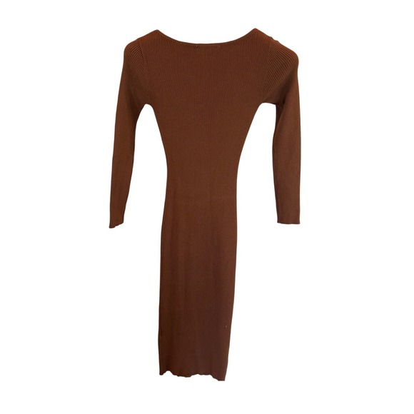 Altar State Ribbed Knit Midi Dress Long Sleeve Brown V Neck Stretch Women's S - Picture 5 of 5
